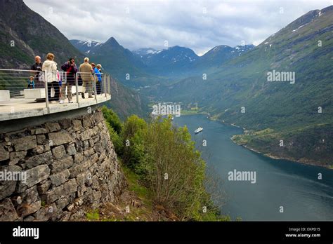 Tourists At The Eagles Road Viewing Platform Geiranger Norway