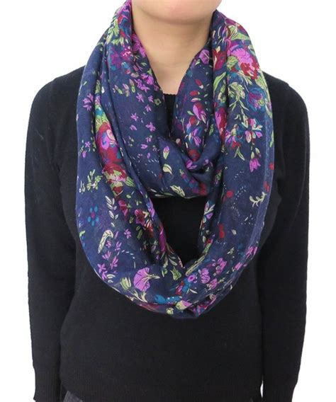 Floral Flower Print Womens Infinity Scarf Lightweight Navy Blue