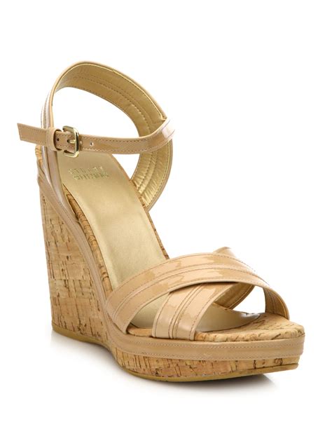 Stuart Weitzman Minky Patent Leather Cork Wedge Sandals In Brown Lyst