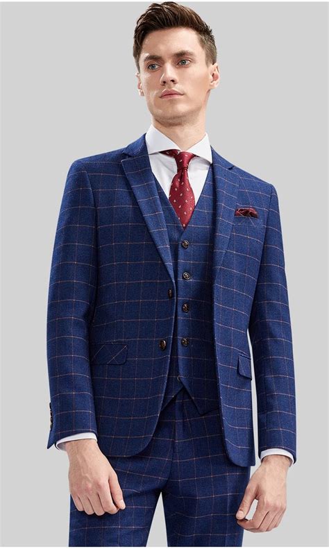 Gentlemen Checked Pattern Plaid Suits Pieces Blue Men S Business