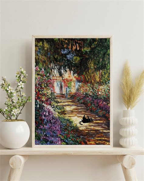 Monet Garden Cat Print Claude Monet Cat Poster Black Cat Art Fine