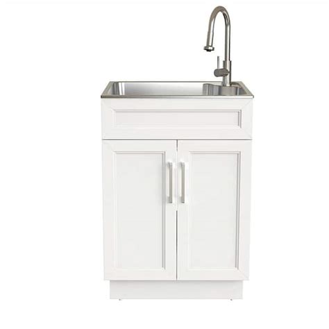 Glacier Bay 24 In W Drop In Stainless Steel Laundry Sink With Faucet And White Storage Cabinet