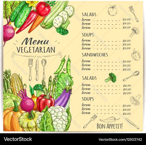 Vegetarian Menu Template Design With Vegetables Vector Image