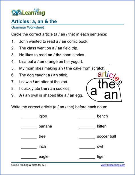 English Articles Grammar Worksheets