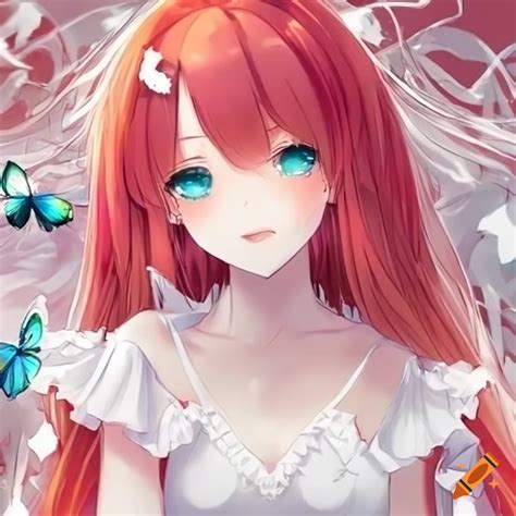 Red Haired Anime Girl In A Frilly White Dress With Teal Eyes