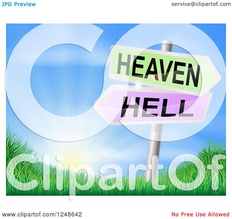 Clipart Of 3d Heaven Or Hell Arrow Signs Over Hills And A Sunrise