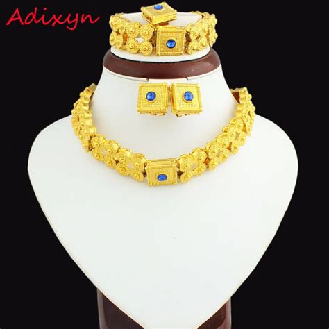 New Blue Stone Ethiopian Set Jewelry K Gold Color Necklace Earring