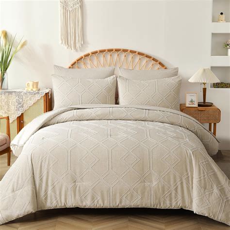 Dobuyly Boho Tufted Comforter Set King Size 7 Pieces Bed In A Bag Cream