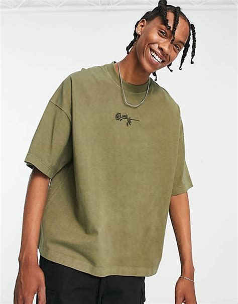 Topman Extreme Oversized T Shirt With Rose Embroidery In Washed Khaki