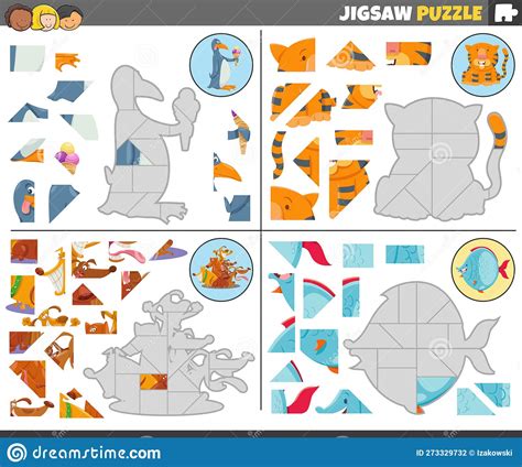 Jigsaw Puzzle Games Set with Funny Cartoon Animals Stock Vector ...