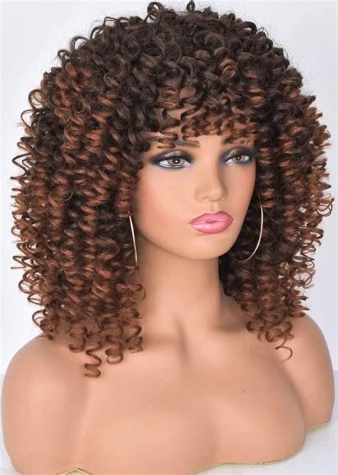 Wig With Bangs Kinky Curly Hair Wig Afro Synthetic Heat Etsy