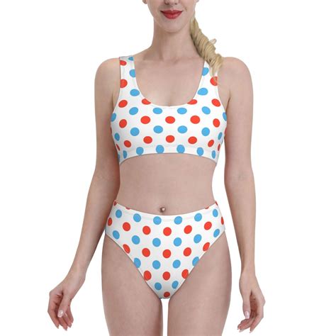 Adobk Red Blue Polka Dots Print Women High Waisted Bikini Set Sports