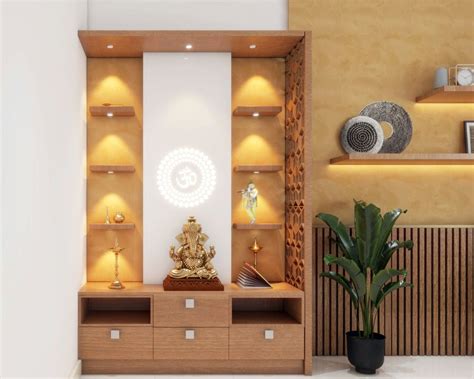 Modern Mandir Design With Wooden Laminate And Storage | Livspace