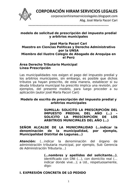 Modelo Solicitud Prescripcion Impuesto Predial Arbitrios Lp Studocu