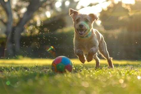 Un perro feliz disfrutando de un juego de fútbol con una pelota de