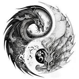 Yin & Yang Dragons Tattoo Design Detailed High Resolution Digital Art ...