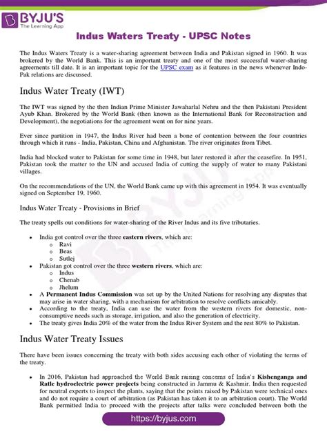 Indus Waters Treaty Upsc Notes Pdf Government International Relations