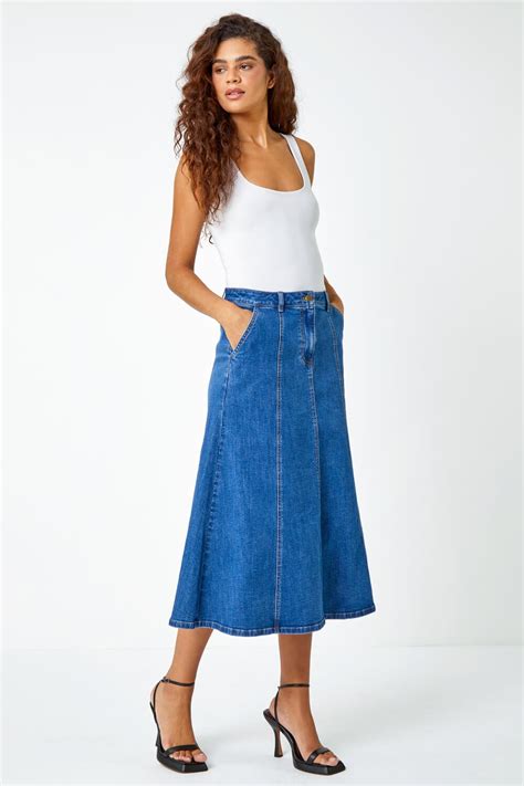 Denim Cotton Denim Panelled Midi Skirt Roman Uk