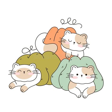 Draw Funny Cats Sleaping In A Pumpkins Kawaii Cat With Pumpkin For