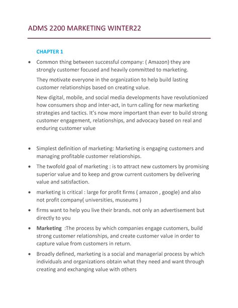 ADMS Marketing Midterm Summary ADMS 2200 MARKETING WINTER CHAPTER 1