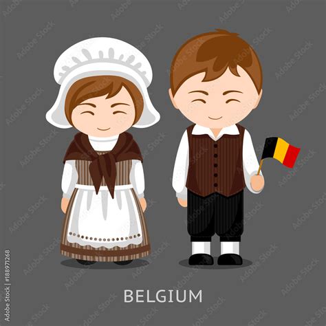 Belgians in national dress with a flag. Man and woman in traditional costume. Travel to Belgium ...