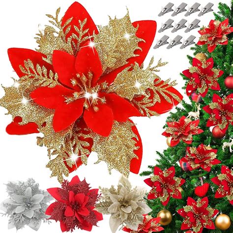 10 5pcs 14 5cm Glitter Flores De Natal Artificiais Ornamentos Feliz