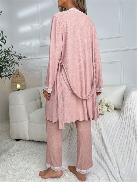 Contrast Lace Belted Robe Cami Top Pants PJ Set For Sale Australia