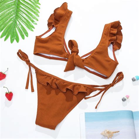 Bộ Bikini Hai Mảnh Trễ Vai In Hoa Màu Cà Phê Xanh Dương Có Gọng Kim Loại Cho Nữ BigBuy360