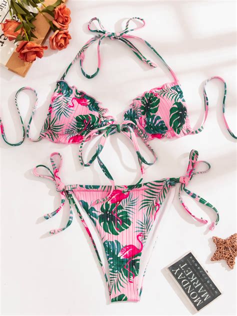 Tropical Lettuce Trim Bikini Swimsuit