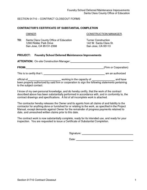 Construction Certificate Of Completion Template