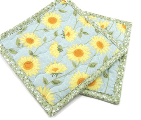 Floral Hot Pads Quilted Fabric Pot Holders Yellow Flowers
