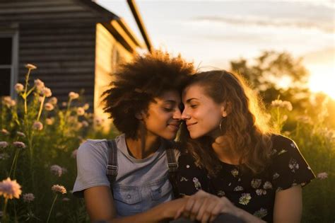 Premium AI Image Biracial Lesbian Couple Sitting And Embracing In Garden At Sunset