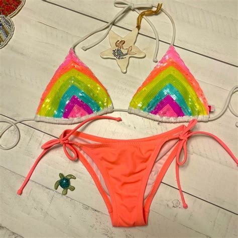 Victorias Secret Swim Vintage Neon Rainbow Sequin Victorias Secret