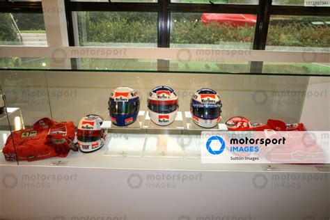 L R Helmets Of Ferrari Drivers Nigel Mansell GBR Alain Prost FRA