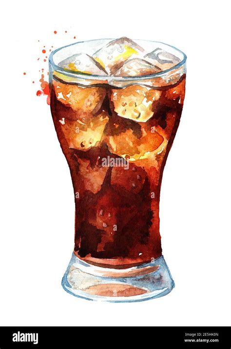 Drink Cola In Glass With Ice Cubes Watercolor Hand Drawn Illustration