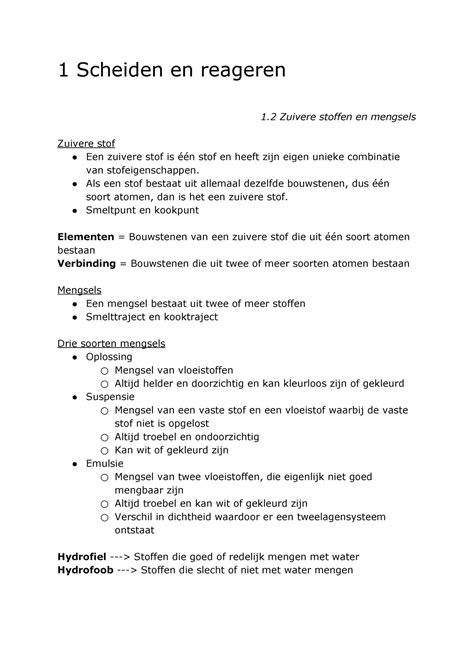 Samenvatting Hoofdstuk 1 Scheiden En Reageren 1 Scheiden En Reageren