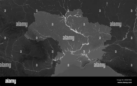 Ukraine before 2014 highlighted on a Grayscale elevation map with lakes ...