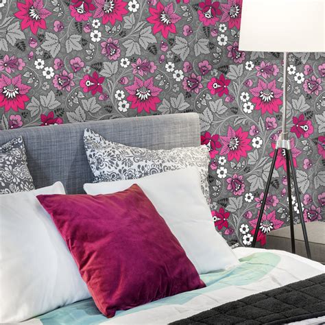 Hot Pink and Grey Floral Wallpaper Sample Vinyl Free - Etsy