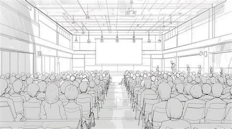 A Drawing Of A Crowd In A Room With A Large Screen That Says Quot The