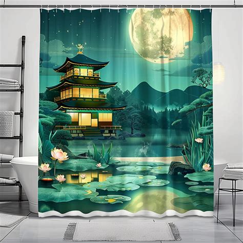 Zen Temple Moonlight Lotus Pond Shower Curtain Japanese Landscape Art