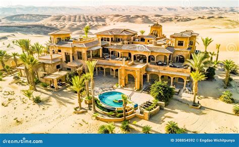 Luxury Desert Villa With Palm Trees In Aerial View Stock Illustration