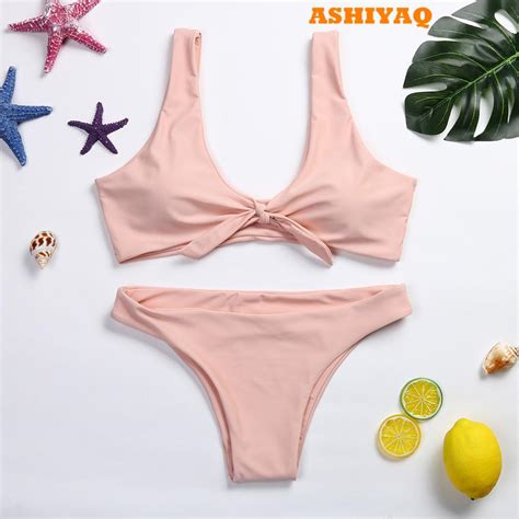 Buy Women Knotted Padded Thong Bikini Mid Waisted Scoop Swimsuit At