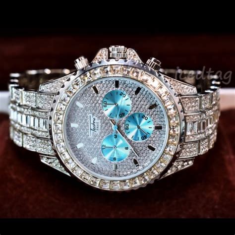 Accessories | Full Iced Out Chronograph Stylish Aqua Face Watch | Poshmark