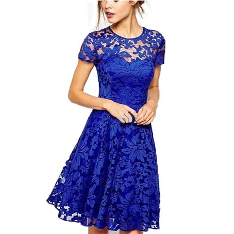 Womens Summer Fashion Elegant Dress Women Short Sleeve O Neck Lace Vintage Dresses Hollow Out