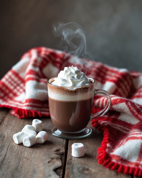 Cozy Hot Chocolate With Marshmallows And Whipped Cream On Wooden Table With Red Checkered