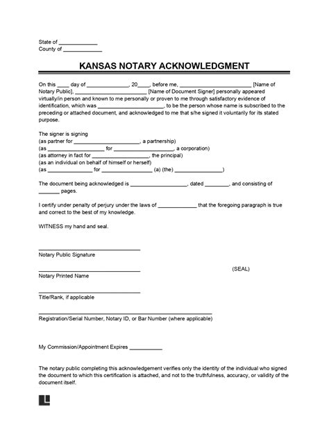 Free Kansas Notary Acknowledgment Form PDF Word