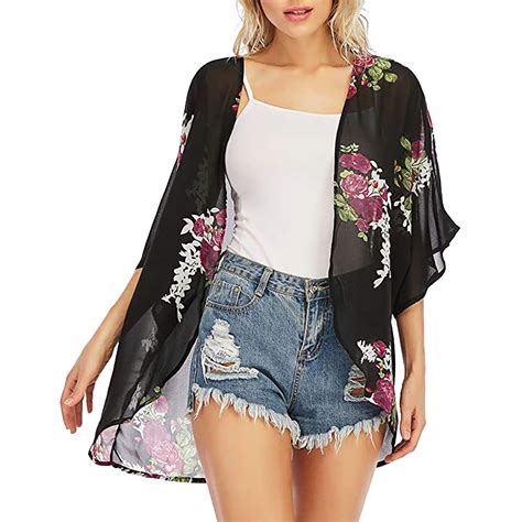 Manga batwing chiffon cardigan quimono floral impressão maiô cover ups