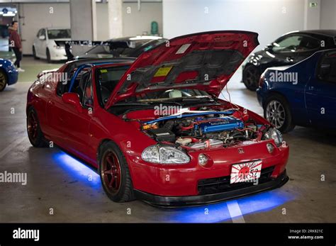 Detail Of The Modified Mugen Engine Of The Red Honda Cr X Del Sol