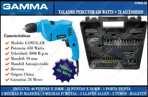 Gamma Taladro 10 Mm 650w Percutor Accesorios Maletin Centro De Materiales