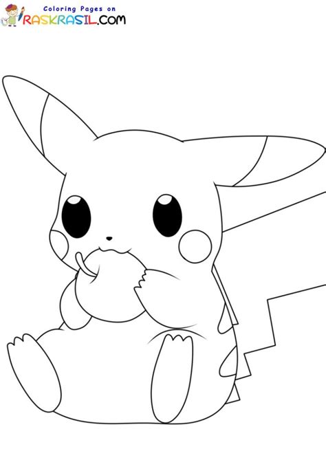 the pokemon pikachu is sitting down and eating an apple coloring pages ...